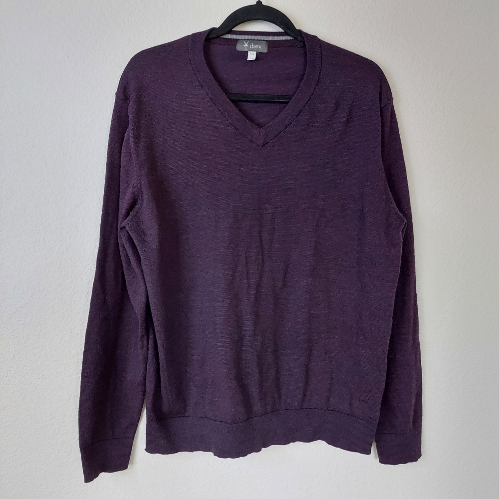 Ibex Purple Vneck Longsleeve‎ Merino Wool Blend Sweater Size Large